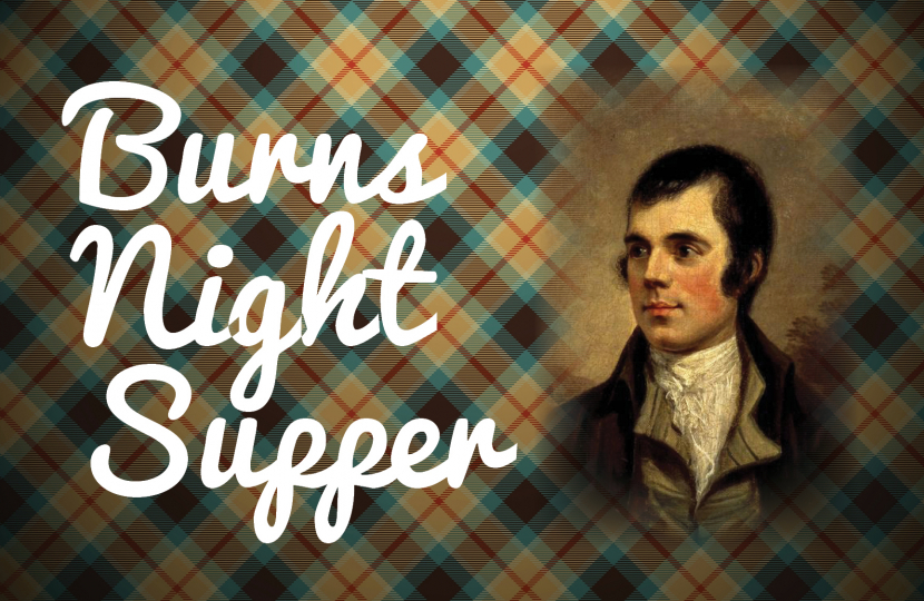 Image of Robert Burns with a tartan background, and the words "Burns Night Supper"